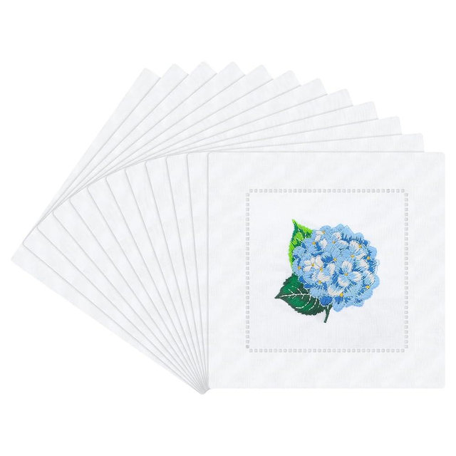12 Pcs Embroidered White Cocktail Napkin 6'' x 6" Cloth Hydrangea Napkin Embroidered Cocktail Coaster Linen Cloth Coaster for Parties Ladder Hemstitch