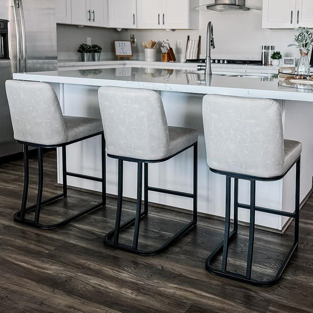 ALPHA HOME Counter Stools with Backs, 24 inch Bar Stools for Kitchen Island, Upholstered PU Leather Bar Chair with footrest, Great for Coffee Shop, Kitchen, Dining Room, Light Grey
