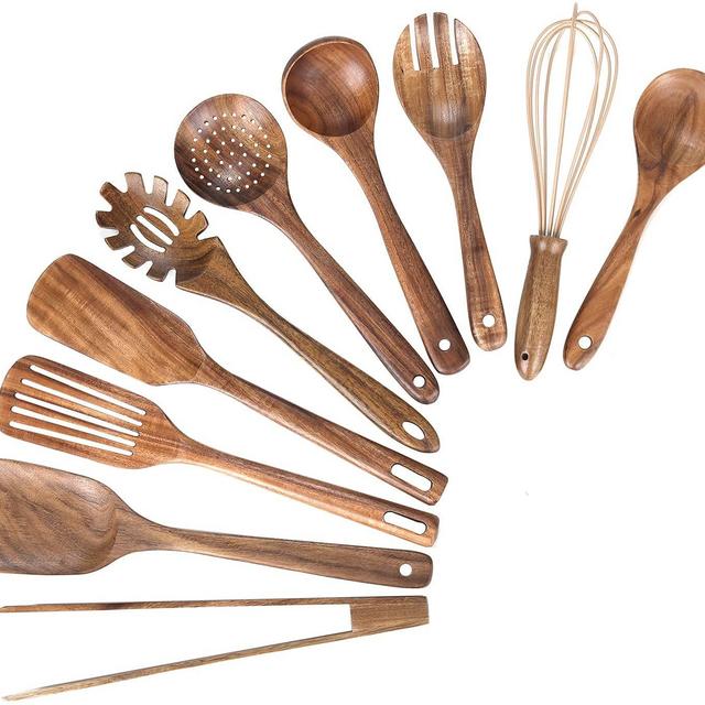(Without Holder)Kitchen Wooden Utensils for Cooking ,Nonstick Wood Utensil Natural Teak Wood Spoons for Cooking,Kitchen Utenails Set,Wooden Kitchen Utensil Set With Spatula and Ladle (10)