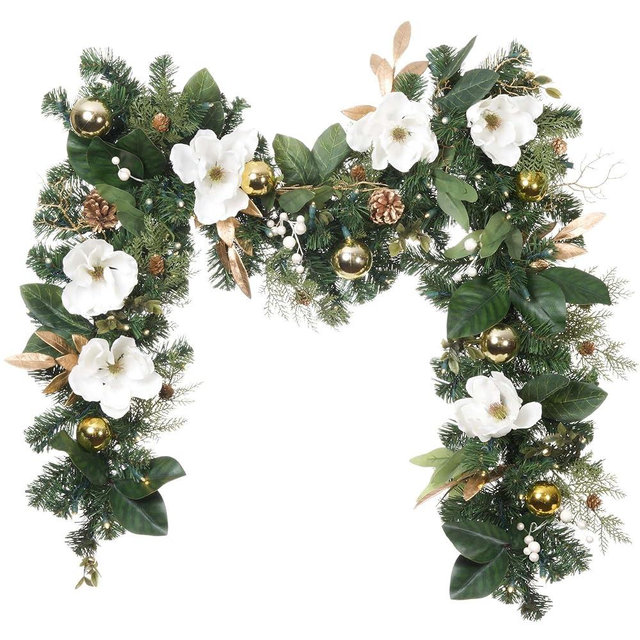 9 Foot Artificial Christmas Garland White Gold Magnolia. Battery Powered Pre Lit 100 LED Mini Lights