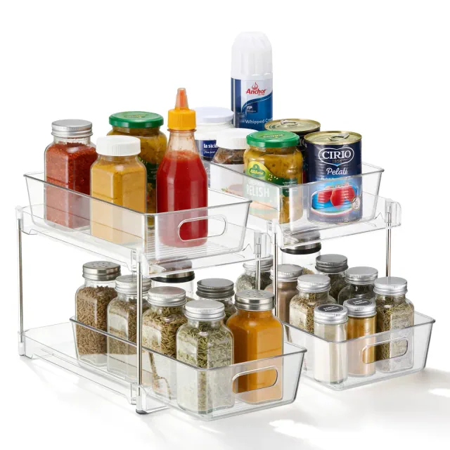 Sorbus 2-Tier Pull-Out Pantry Organizers, 2 Pack Clear Kitchen Cabinet Storage Drawers, Stackable Bins for Pantry, Kitchen & Under Sink