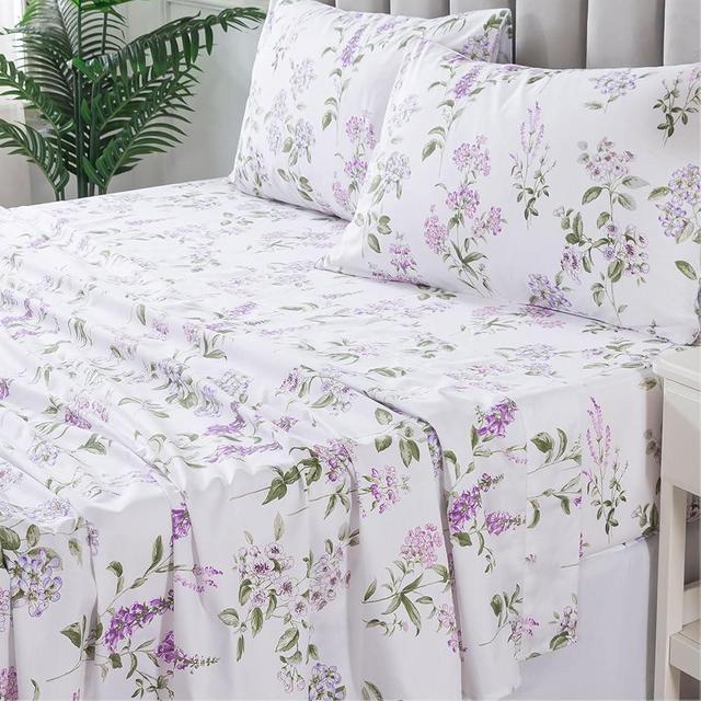 FADFAY Queen Sheets Set 100% Cotton Purple White Bed Sheet, French Country Lilac Lavender Green Leaves Sheets Botanical Pattern Minimalist Bedding, Soft Crisp & Cool Luxury Deep Pocket Sheet