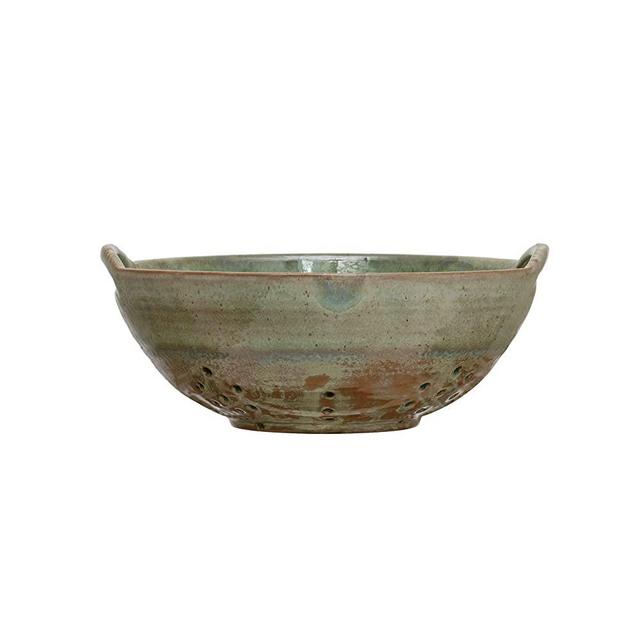 Creative Co-Op Stoneware Berry Bowl with Handles, Aqua Reactive Glaze Serveware, 8"L x 8"W x 3"H, Multicolor