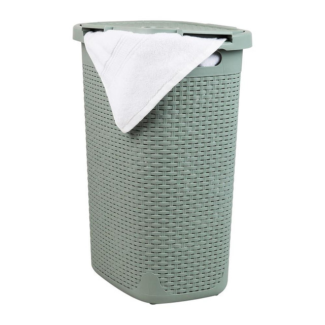 Mind Reader 60L Slim Laundry Hamper, Clothes Basket, Lid, Wicker Design, Plastic, 17.65"L x 13.75"W x 24.15"H, Mint