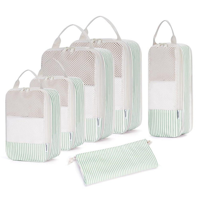 Narwey 6 Set Striped Compression Packing Cubes for Travel Kids Women, Durable Packing Organizers Bag for Carry on Luggage Suitcase Duffle Bags Backpack (Mint Green Stripe)