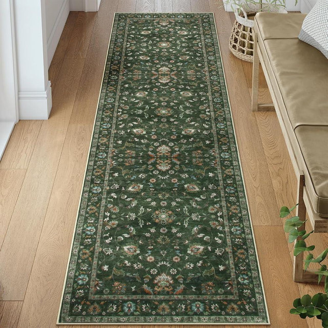 Wonnitar Green Runners for Hallways 2.5x8 Boho Runner Rug, Low Pile Non Slip Washable Kitchen Runner Rug, Vintage Floral Stain Resistant Runner Rugs Carpet Runner for Bedroom,(Green,2'6"x8')