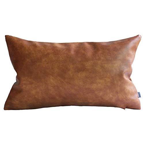  HOMFINER Set of 2 Thick Faux Leather Lumbar Throw Pillow Covers  12x20, Modern Farmhouse Boho Small Long Accent Scandinavian Decor Rectangle Decorative  Cushion Cases for Couch Bed Sofa Cognac Brown 