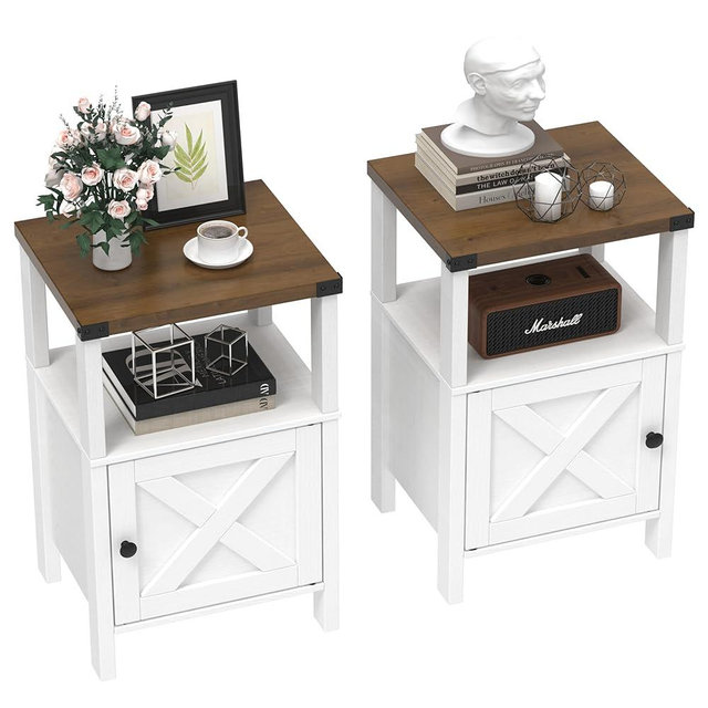 HXBOAUVS Set of 2 Farmhouse Nightstands, Sofa Side End Table with Storage, Wood Bedside Table with Barn Door for Bedroom Living Room Rustic Vintage White
