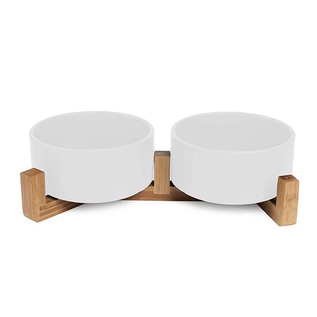 Ceramics Dog and Cat Bowl with Wood Stand Non-Slipped Bottom Food Water Feeder for Cat Medium Dog