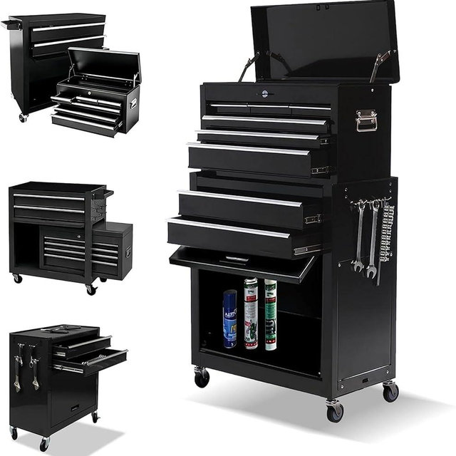 8-Drawer High Capacity Rolling Tool Box with Wheels,Rolling Tool Chest with Drawer,Tool Box on 4 Wheels with Lock, Tool Storage Cabinet Removable Portable Box for Garage Warehouse (Black)