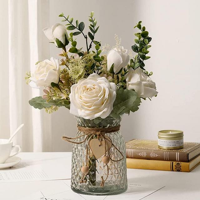 Cozzi Codi Fake Flowers with Vase, Silk Roses Artificial Flowers in Vase, Faux Flower Arrangement with Vase Suitable for Home Office Decoration, Dining Table Centerpiece(White)
