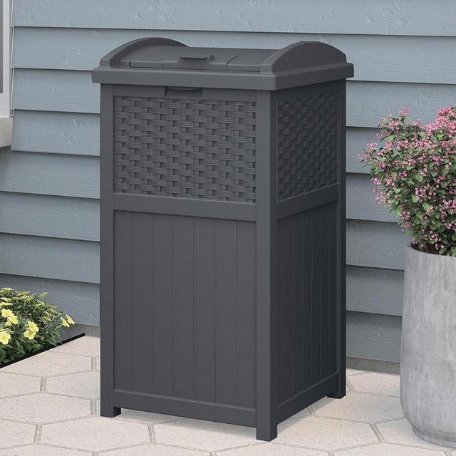 Suncast Trash Hideaway 33 Gallon Rectangular Garbage Trash Can Bin with Secure Latching Lid and Solid Bottom Panel for Outdoor Use, Cyberspace