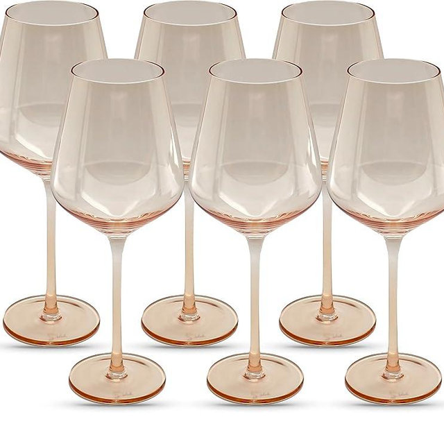 Saludi Light Peach Wine Glasses, 16.5oz (Set of 6) Stemmed Single Color Glass - Great for All Wine Types and Occasions - Luxury, Durable, Hand-Blown