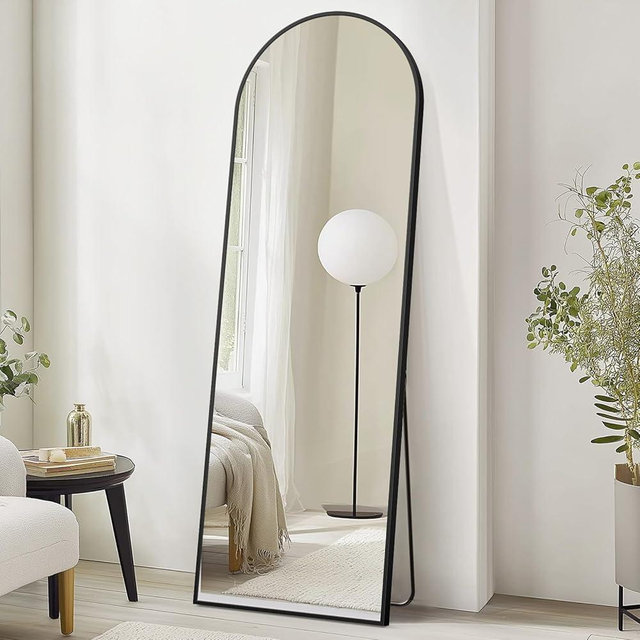 DUMOS Arched Full Length Mirror with Stand Floor Standing Aluminum Frame for Bedroom Body Hanging Leaning Modern Simple Home Decor Shatter-proorf Nano Glass Wall Living Room Natural Black, 70.4"x25.6"