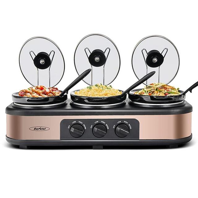1.5 Quart Triple Slow Cooker Upgrade and Buffet Server, Small Mini Slow Cooker with 3 Ceramic Cooking Pots and Glass Lids, 3 Spoons and 3 Lid Holders, 4.5 QT