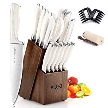 Knife Set, AILUKI 19 - Piece Kitchen Knife Set with Block Wooden and Sharpener, Professional High Carbon German Stainless Steel Chef Knife Set, Ultra Sharp Full Tang Forged White Knives Set