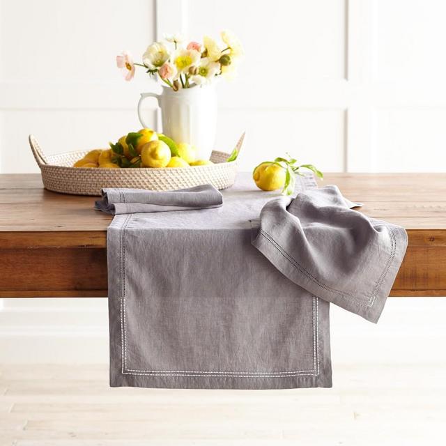 Linen Double Hemstitch Table Runner, Charcoal