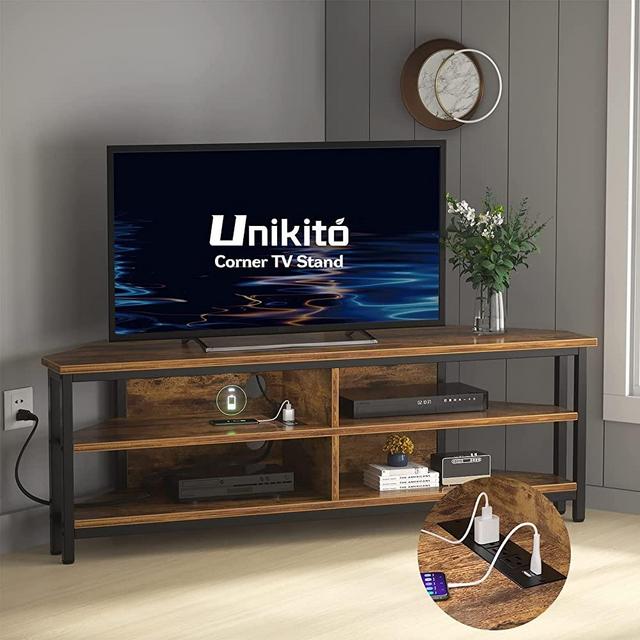 Unikito 55 inch Corner TV Stand with Power Outlet, Corner Entertainment Center TV Media Console Table with 4 Open Storage Shelve For Living Room, Bedroom, Industrial 60'' Corner TV Stand, Rustic Brown