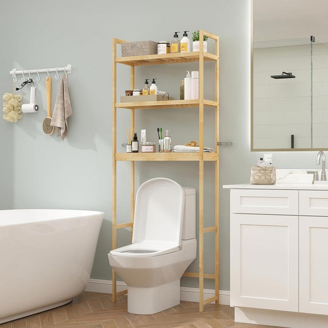 FAMAPY Above Toilet Storage Shelf, 3-Tier Bamboo Over Toilet Bathroom Organizer, Wood Over The Toilet Storage Cabinet, Oak 10.2”D x 24.8”W x 66.9”H