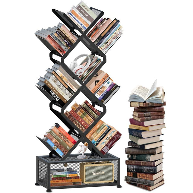 HI NINGER Tree Bookshelf,9 Tier Folding Bookshelf with Storage Cabinet, Tall Narrow Bookshelves Organizer,Bookcase Tower,Tall Floor Standing Book Organizer for Living Room/Bedroom/Home Office/Corner
