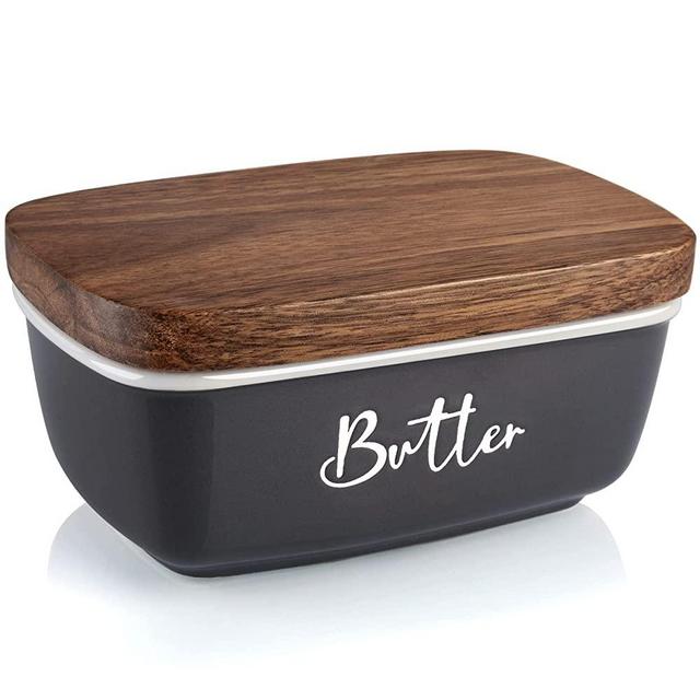 Gray Butter Dish, ALELION Large Ceramic Butter Dish with Lid for Countertop, Butter Container with Acacia Wooden Lid, Modern Farmhouse Kitchen Decor and Accessories for Counter, for Kitchen Gifts