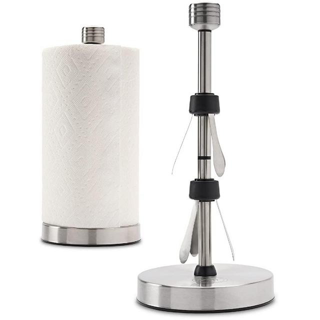 Stainless Steel Paper Towel Holder Stand Designed for Easy One- Handed Operation - This Sturdy Weighted Paper Towel Holder Countertop Model Has Suction Cups and Holds Paper Towel Rolls