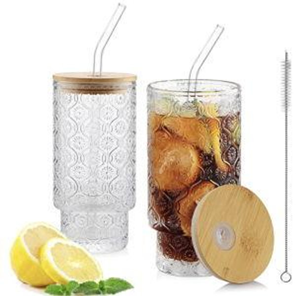 16oz Glass Cups 2 Pack, Flowered