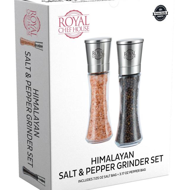 Royal Chef House Himalayan Salt And Pepper Grinder Set With Ceramic Blades - Premium Glass And Stainless Steel Salt Mill And Pepper Mill + Pre-Filled With Salt And Pepper + 1 Salt Refill Bag And 1 Pepper Refill Bag