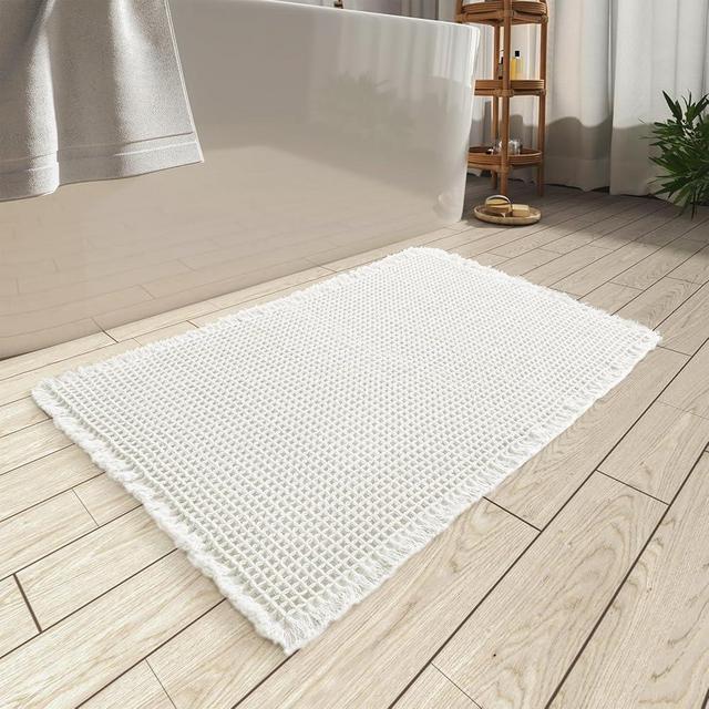 AMOAMI Upgraded Waffle Bath Mat, Super Absorbent Non Slip Bath Mats for Bathroom Floor, Machine Washable Bathroom Rugs with Tassels, Rubber Backed Bathroom Mats, Ultra Soft, 24" x 36", White