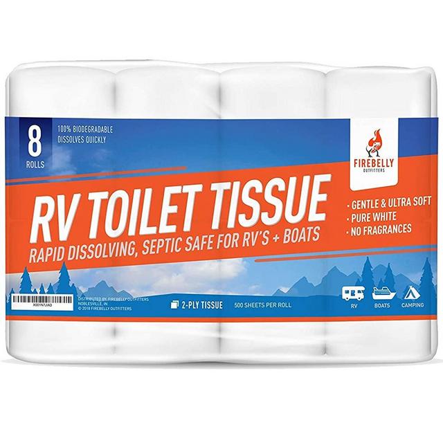 Firebelly Outfitters RV Toilet Paper, Septic Tank Safe - 8 Rolls, 2-Ply 500 Sheets - Fast Dissolve Bath Tissue for Camping, Marine, RV Holding Tanks, Reduces Camper Sewer System Clogs, Biodegradable