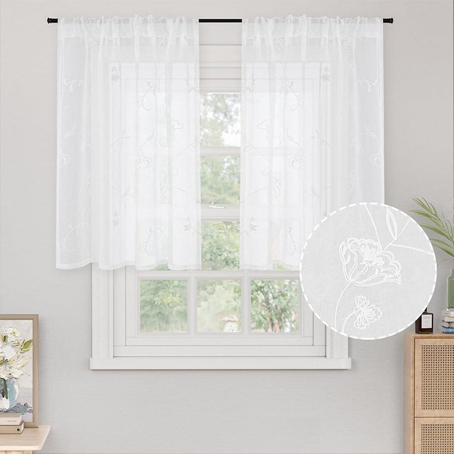 YoungsTex 40 Inches Long Lace Sheer Curtains for Kitchen Cafe Window - Short White Drapes with Rod Pocket Lightweight for Bedroom Bathroom Rustic, 2 Panels, 42 X 40 Inch