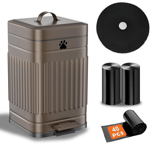 Kopuncare Dog Poop Trash Can Outside, 5L/1.3Gal Metal Dog Waste Trash Can with Lid, Foot Pedal, Pet Waste Container with 40 Bags, Poop Bucket with Lid Soft Close for Pet, Brown