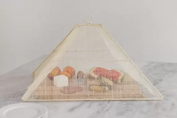 Beige Woven Food Cover, Outdoor Food Cover, Mesh Net Food Tent, Pentagon Shaped Food Cover, Sturdy Plate Cover, Food Protector, Picnic Cover