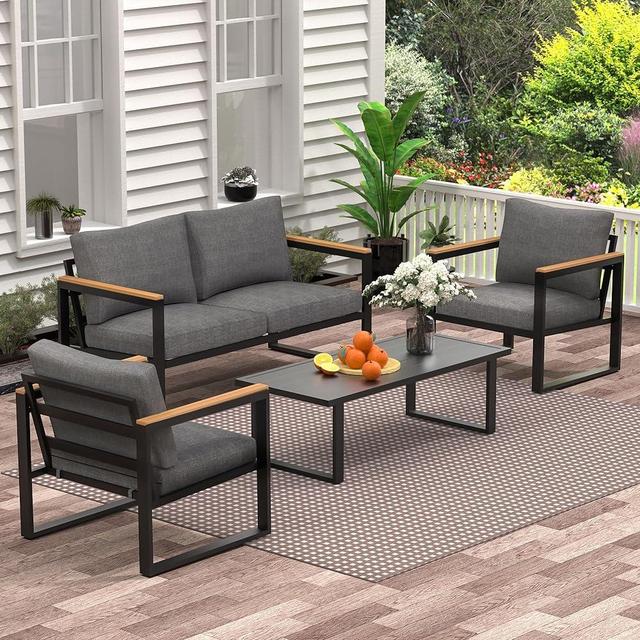COMLAX FIELD Patio Furniture Set, 4 Pieces Outdoor Patio Furniture with Table Set, Metal Patio Conversation Sets with Removeble, Washable and High-Resiliency Sponge Cushions, Grey