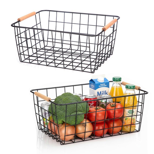 HDYOUDO Metal Black Wire Basket,Food Storage Organizer with Wooden Handles, pantry organizers and storage for Kitchen shelf Cabinets potato onion, 2 Packs