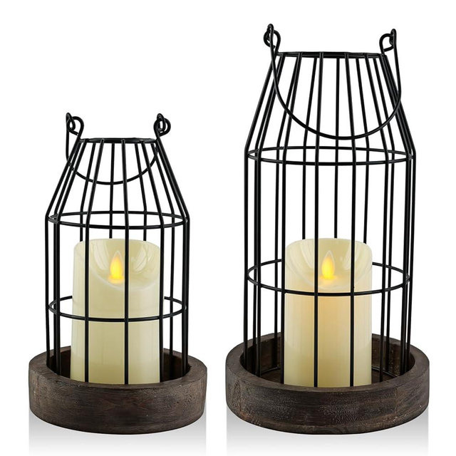 VIVIRENOIR Farmhouse Lanterns - Set of 2 Rustic Home Decor with Flameless Candles, Wire Metal Cloche Decorative Candle Holders for Living Room, Fireplace Mantel, Dining Table (Brown)