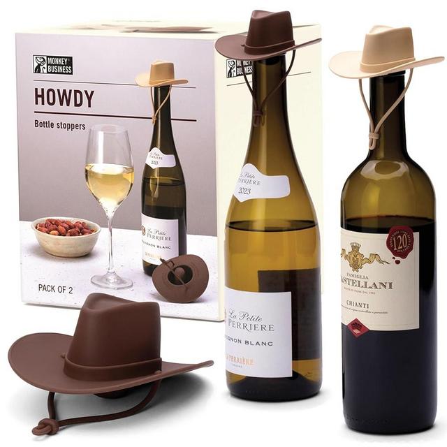 NEW - Monkey Business Silicone Wine Stoppers, Fun Cowboy Hat cap seals bottle and keeps wine fresh, Cute Wine Accessories, Novelty Kitchen Gadgets, Pack of 2 Howdy Bottle Stoppers