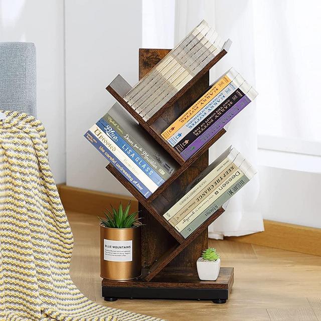 Ruboka 4-Shelf Tree Bookshelf, 24-Inch Retro Floor Standing Bookcase Display for CDs/Magazine/Books, Small Bookshelf for Bedroom, Living Room, Office,Balcony, Brown Storage Shelves DESK51A
