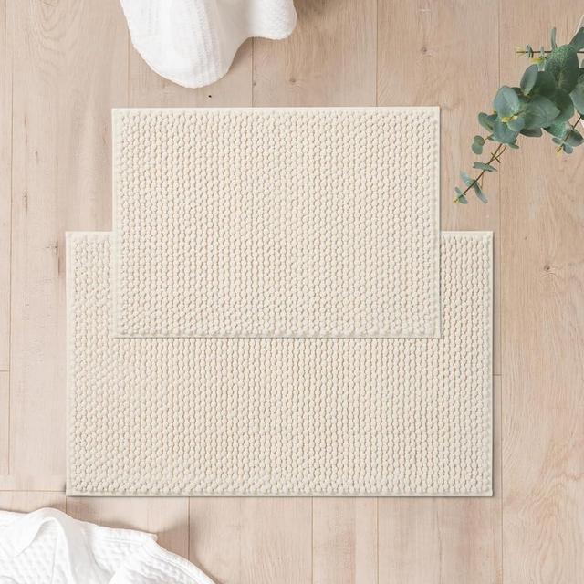 FRESHMINT Chenille Bathroom Rugs Sets 2 Piece 17"x24"+20"x32", Non-Slip Bath Mats Set for Bathroom, Absorbent Bath Rug, Washable Set of 2 Shower Floor Mat Bathroom, Cream White