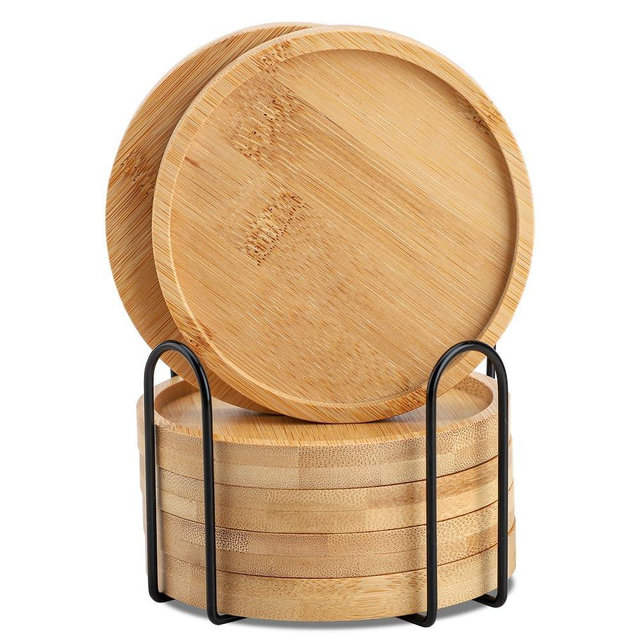 Bamboo Coaster Set of 6 with Lid Holder for Coffee Table, Wooden Coasters for Drinks Saucers for Planters Tabletop Protection Housewarming Gift