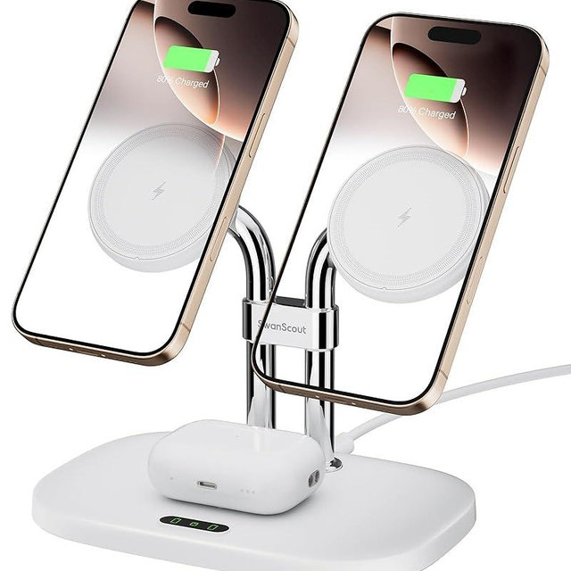 SwanScout Wireless Charger for iPhone Air/17, SwanScout 706M, Dual Magnetic Charger for iPhone 16/15/14/13/12 Series, Charging Station for AirPods Pro 3/2, AirPods 4/3rd (White)