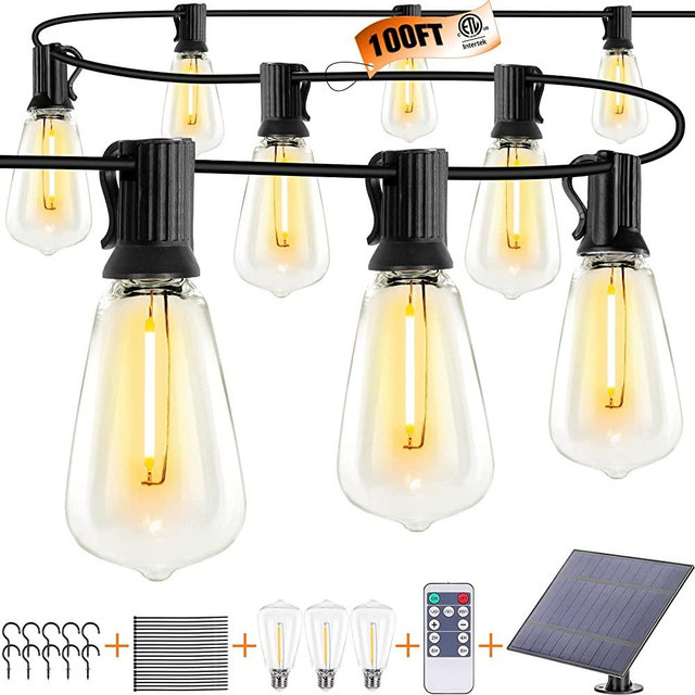 Solar string lights outdoor waterproof 100ft with 52 Shatterproof ,Solar lights outdoor waterproof Remote ST38 Vintage Edison Bulbs,Salor ourdoor light Hanging Lights Waterproof for Outside Backyard
