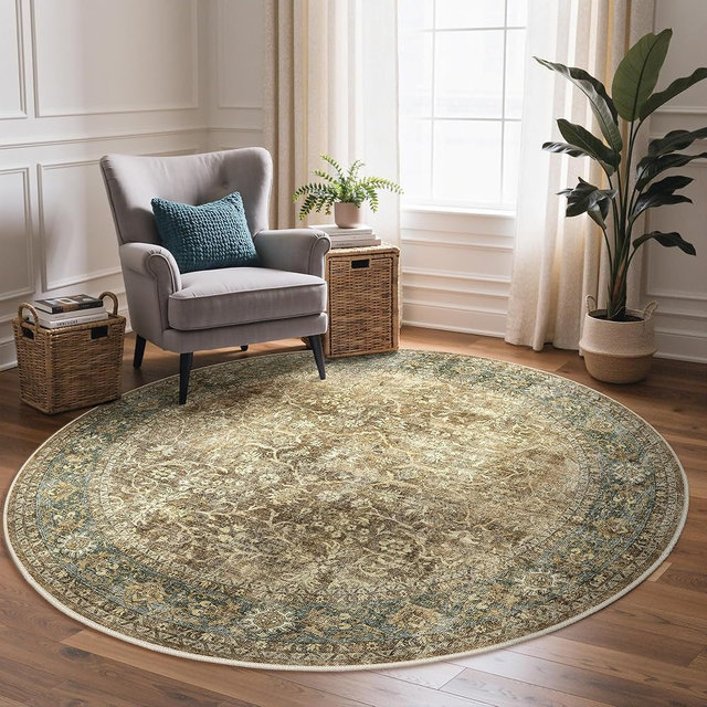 Bavni Round Rug 5ft-Machine Washable Area Rugs Non-Slip for Bedroom, 5x5 Vintage Floral Rug Distressed Throw Carpet for Living Room Nursery Kitchen Bathroom, Green