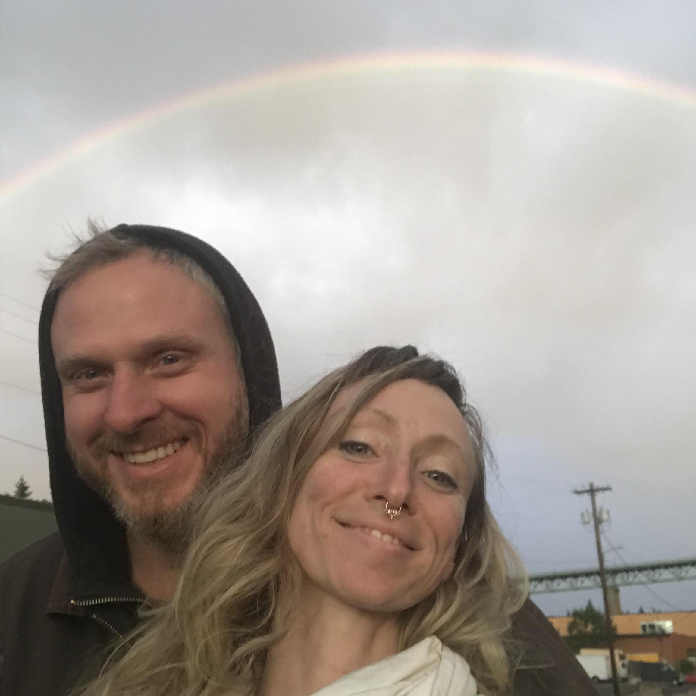 Under the rainbow, outside our workshop. We love creating together.