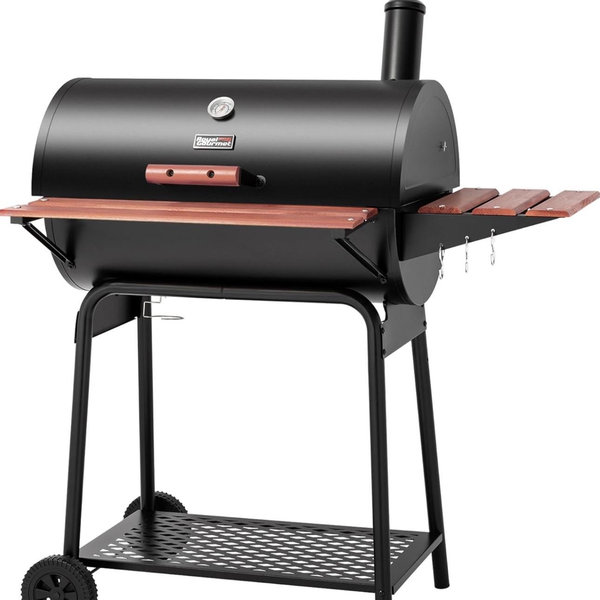 Royal Gourmet CC1830V 30 Barrel Charcoal Grill with Wood-Painted Side Front Table, 627 Square Inches Cooking Space, for Outdoor Backyard, Patio and Parties, Black