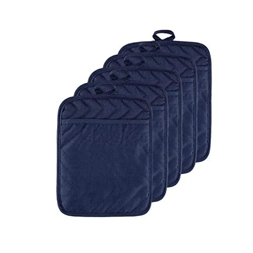 VEIKERY Oven Pot Holder with Pocket 100% Cotton Heat Resistant Coaster Potholder Kitchen Hot Pad Oven Mitts for Cooking and Baking Square Set of 5 (Navy Blue, 5)