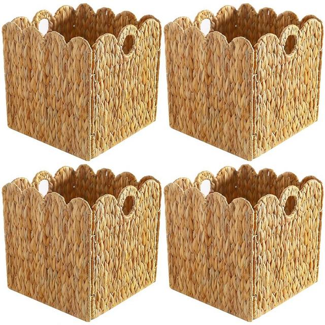Scalloped Wicker Storage Cubes Basket, 12”x12“ Heavy Duty Paper rope/Hyacinth/Seagrass Baskets for Shelves, Foldable Natural Boho Square Bins (Water Hyacinth, 4PC)