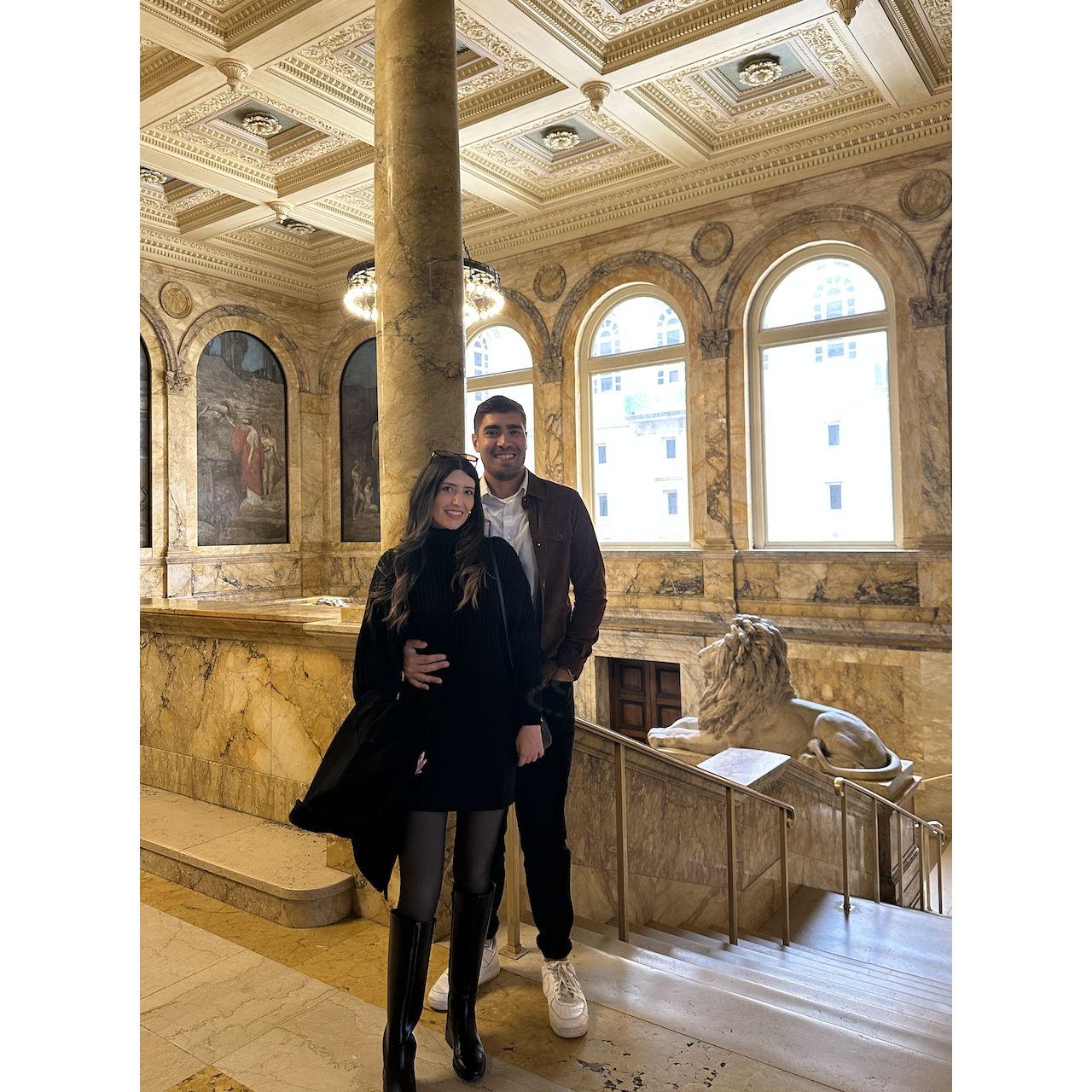 Boston Public Library, an hour before the proposal (Giorgio had the ring hidden in his right pocket)