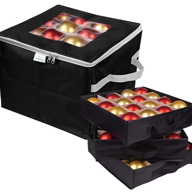 ProPik Christmas Ornament Storage Box, Organizer Holds Up to 48 Xmas Balls with 3 Separate Removable Trays, Container has Dividers to Organize Holiday Tree Ornaments (Black)