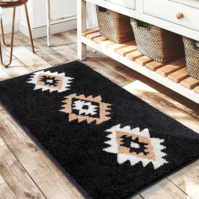 DEXDE Boho Bathroom Rugs Black Aztec Bath Mat Non Slip Western Geometric Bath Rug Luxury Soft Absorbent Carpet for Bathroom Shower Kitchen Entryway Farmhouse Modern Decor 24x36